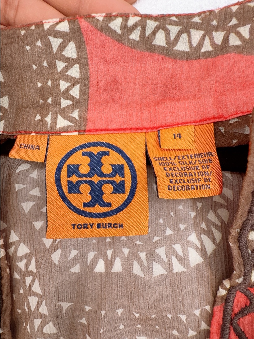 Tory Burch 100% Silk Chiffon Medallion Beaded Tunic Blouse Orange Brown size 14 - Picture 5 of 7